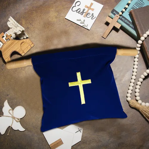 Miniatura 4 de Abbylike Bolsa de terciopelo para ofrendas de iglesia con asas de madera, bolsa de ofrenda religiosa de 10 pulgadas, bolsa de colección de iglesias