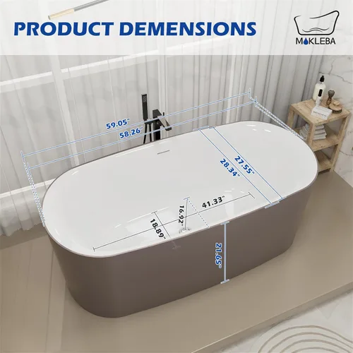 Miniatura 3 de Bañera independiente de resina de superficie sólida de 59 pulgadas, forma ovalada, moderna bañera de resina de piedra profunda con desbordamiento