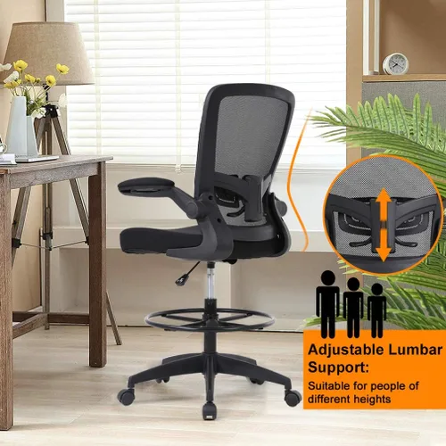 Miniatura 6 de Silla de oficina alta, de altura ajustable, con soporte lumbar y brazos abatibles; silla de respaldo de malla con reposapiés. Banco para escritorio