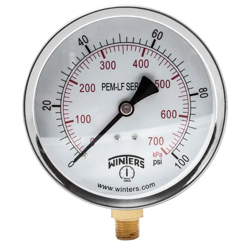 Winters - Medidor de presión de 4 pulgadas, calibre de presión económico, interior de latón potable, caja de acero, escala doble 0-100 psi/kPa,