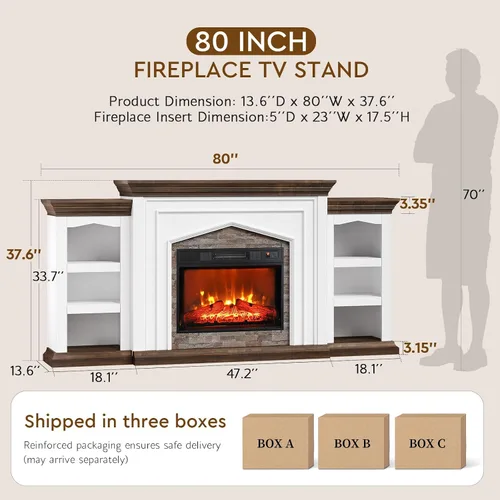 Miniatura 8 de LGHM - Soporte de TV para chimenea de 80", para televisores de hasta 90 pulgadas, chimenea eléctrica con repisa, centro de entretenimiento