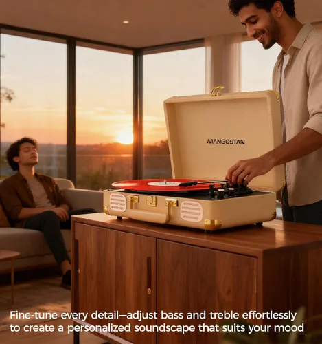 Miniatura 8 de Tocadiscos Bluetooth vintage, tocadiscos portátil de 3 velocidades con altavoces estéreo de graves integrados, fonógrafo de vinilo accionado por