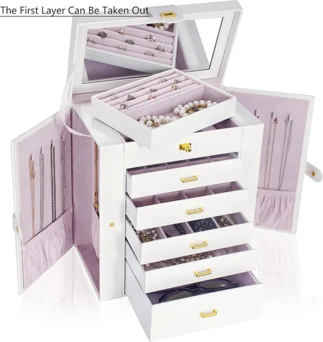 Miniatura 2 de AKOZLIN - Organizador de joyería extra grande de 6 niveles con espejo, estuche de joyería de cuero con 5 cajones para mujeres y niñas, para anillos
