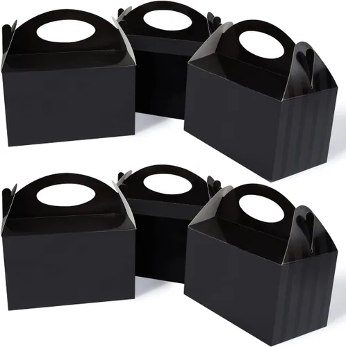 Happyhiram Cajas de caramelos negras de 6 pulgadas de 12 unidades con tiras de papel para regalos de fiesta, bolsas de galletas con asas, cajas