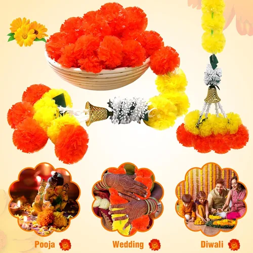 Miniatura 6 de 5 guirnaldas de caléndula Diwali para decoración de flores artificiales indias de caléndula de 5 pies de largo, guirnaldas largas para decoración