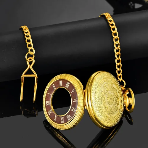 Miniatura 5 de Wood Grain Hollow Design Vintage Pocket Watch, Roman Numerals Scale Quartz Pocket Watch with Chain for Xmas Fathers Day GIF
