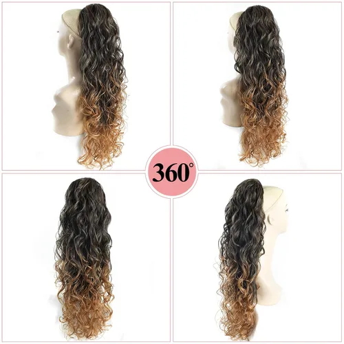 Miniatura 2 de Extensiones de cabello ombré 1B/27, cola de caballo para mujeres negras, extensiones de cola de caballo largas onduladas con cordón, extensiones