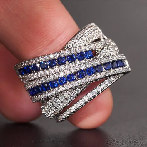 Miniatura 3 de Anillo de plata de ley 925 con zafiro natural, anillo cruzado de circonita cúbica, anillo de compromiso de eternidad, anillo de compromiso de boda
