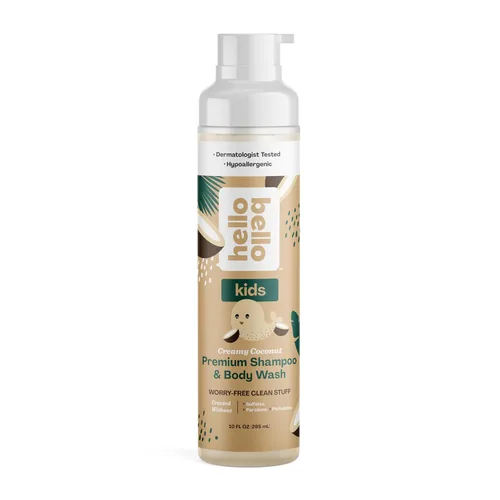 Hello Bello Champú y gel de baño para niños, fórmula hipoalergénica suave, vegano y libre de crueldad, aroma cremoso de coco, 10 onzas líquidas