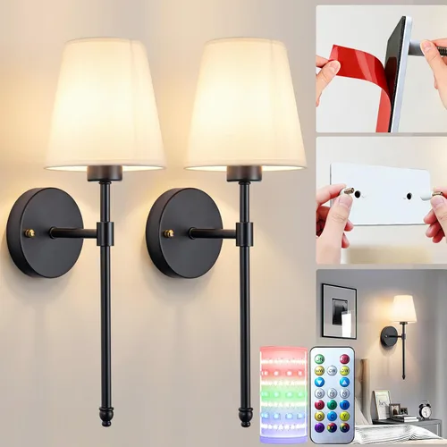 Miniatura 18 de Juego de 2 apliques de pared a pilas, luz de pared inalámbrica con bombilla magnética recargable RGB de 10000 mAh, aplique de pared recargable
