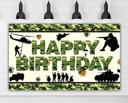 Miniatura 6 de Cartel de feliz cumpleaños de camuflaje de 6 x 3.6 pies, telón de fondo de cumpleaños de camuflaje militar, decoraciones de fiesta temática de Perro