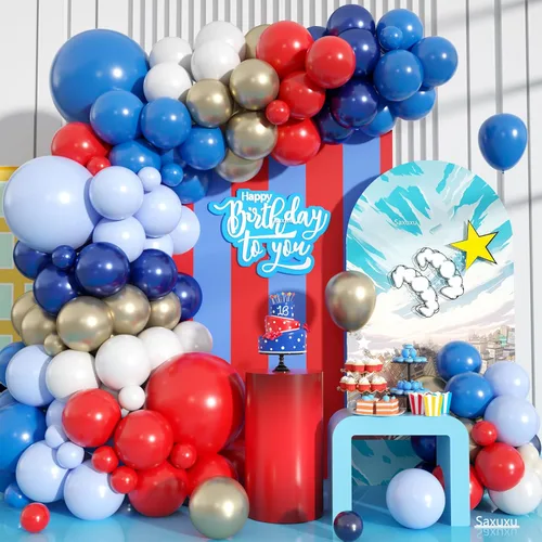 Kit de arco de globos rojo y azul, kit de guirnalda de globos rojo, blanco y azul, globos dorados arena, globos azul marino y blancos para Día de la