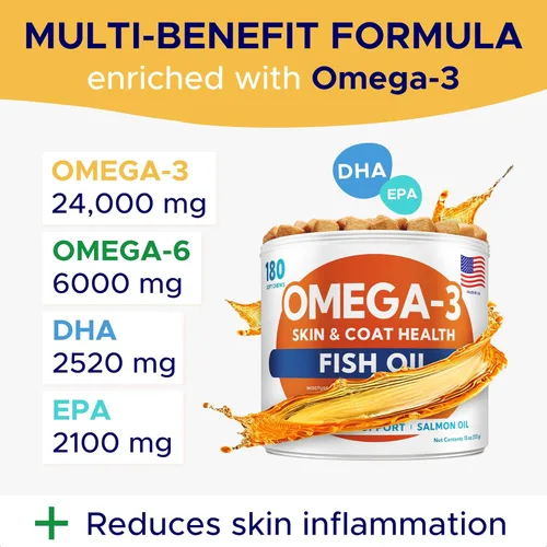 Miniatura 5 de Aceite de pescado Omega 3 para perros (180 unidades) – Masticables para la piel y el pelaje – Alivio de la piel seca y con picazón + apoyo
