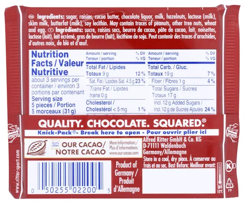 Miniatura 2 de Ritter Sport, Barra de chocolate con pasas y avellanas, 3.5 oz