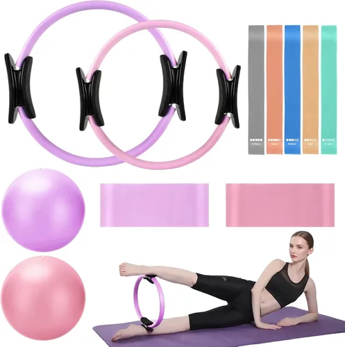 Miniatura 7 de TOPZGLEEY Juego de anillos y pelotas de pilates con bandas de resistencia, equipo de pilates para entrenamiento en casa, anillos de pilates de 14