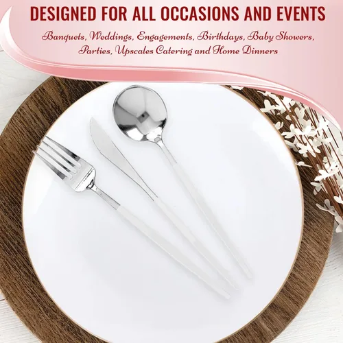 Miniatura 5 de Cucharas de plástico desechables plateadas con mango blanco, paquete de 240 cubiertos resistentes de 8.1 pulgadas sin BPA, elegantes cucharas