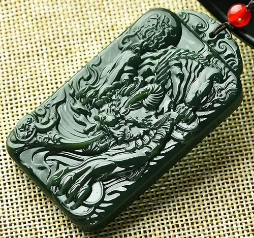 Miniatura 5 de China Natural Hetian Green Jade Nefrita Tallado Unicornio Pixiu Bestia Colgante Amuleto, Piedra