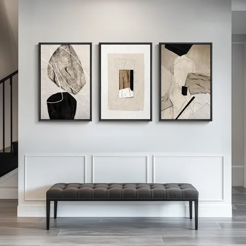 Miniatura 8 de Arte de pared abstracto neutro con marco grande para sala de estar, 3 piezas, impresiones modernas en lienzo para paredes, cuadros negros y beige
