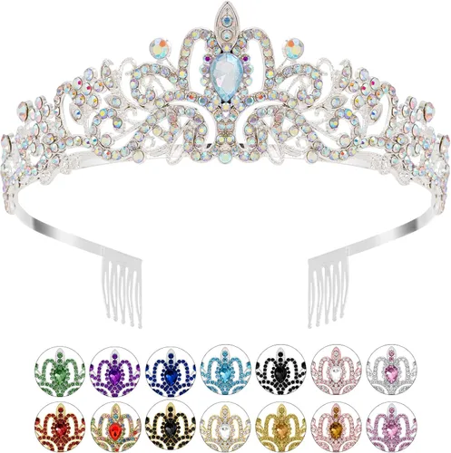 Miniatura 10 de Tiaras plateadas de cristal para mujer, diadema de diamantes de imitación para niña, corona de princesa con peines, elegantes decoraciones