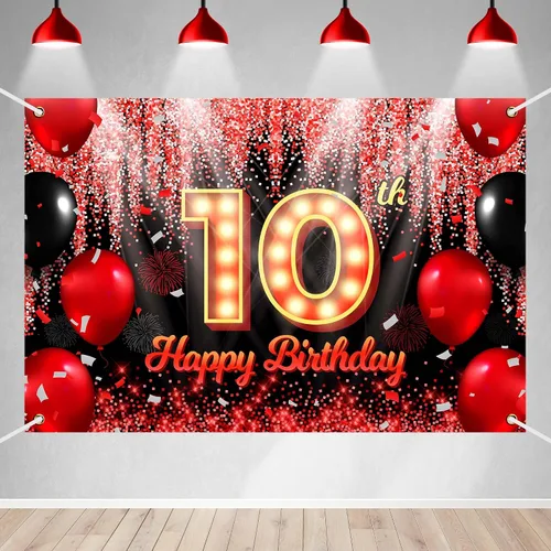 Telón de Fondo Banner de Feliz 10º Cumpleaños Tema Negro y Rojo con Fondo de Neón Brillante y Moda para Fiesta de Cumpleaños Fotografía Accesorio