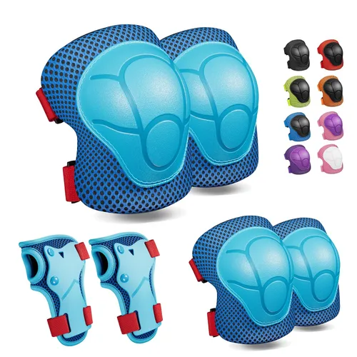 Miniatura 10 de Rodilleras para niños, rodilleras y coderas, conjunto de equipo de protección para niños y niñas con protectores de muñeca 3 en 1 para patinaje, Azul