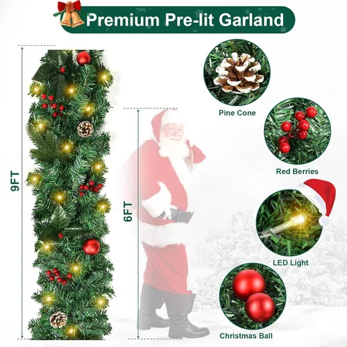 Miniatura 3 de Beinhome Guirnalda de Navidad Preiliminada de 9 Pies, Guirnalda Artificial de Puerta de Navidad con Temporizador de Luces, Decoraciones de Guirnalda