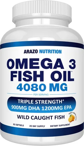 Arazo Nutrition Concentrado de aceite de pescado omega-3 capturado en la naturaleza – 4,080 mg por porción – EPA alto 1200 mg y DHA 900 mg – 60