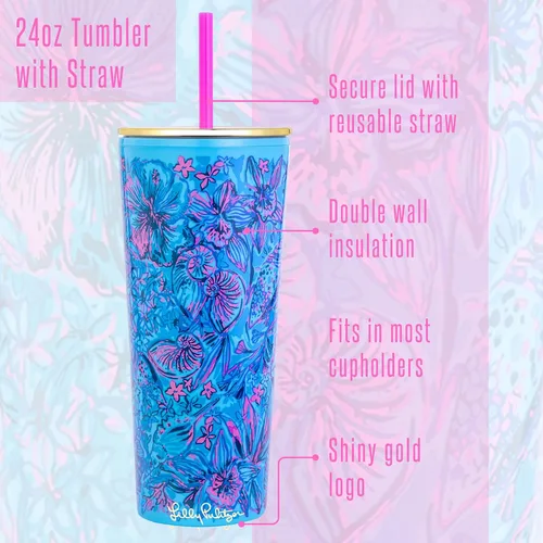 Miniatura 2 de Lilly Pulitzer Vaso de doble pared con tapa y popote reutilizable, vaso de plástico azul, vaso de viaje aislado con capacidad para 24 onzas, Shells