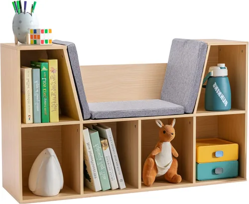 Miniatura 10 de HOMCOM Estantería infantil de 6 compartimentos con rincón de lectura y cojín, organizador de almacenamiento multiusos para dormitorio, sala de Gris