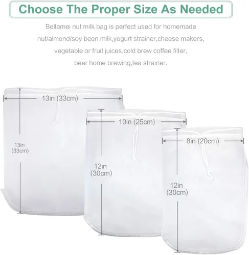 Miniatura 2 de Bolsa de leche de nuez reutilizable, paquete de 3 bolsas de colador de alimentos para colar leche de almendra/soja yogur griego profesional
