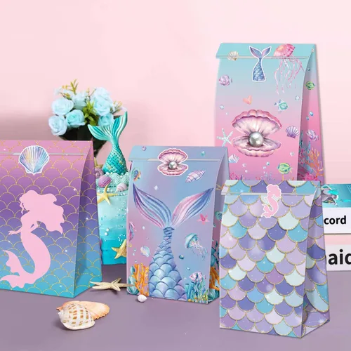 Miniatura 7 de XJLANTTE 40 bolsas de regalo de sirena, bolsas de recuerdo de fiesta bajo el mar con calcomanías para la cola, bolsas de fiesta para niños y niñas