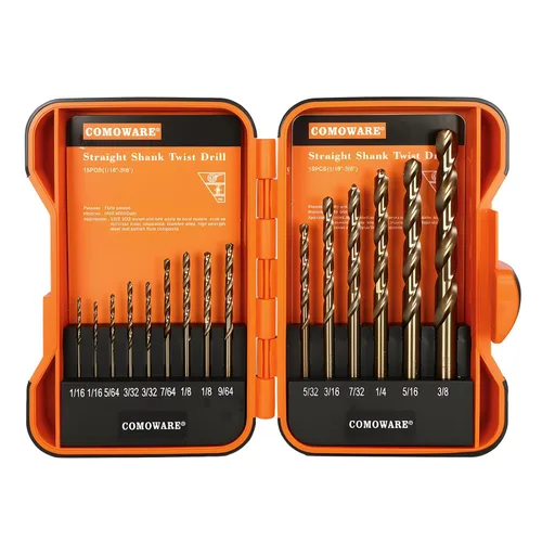 Miniatura 9 de COMOWARE Juego de 15 brocas de taladro (1/16"-3/8"), brocas de taladro HSS M35 de torsión, longitud Jobber, vástago recto, juego de brocas de metal