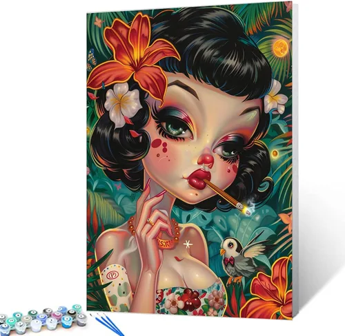 Miniatura 9 de Kit de pintura de cabeza de niña con flores, por números, con pinceles, animales, gatos, pintura al óleo acrílica para adultos y niños, plantas