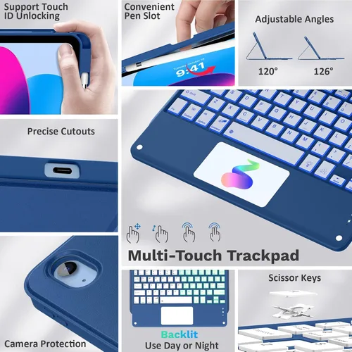 Miniatura 3 de MoKo Funda con teclado táctil para iPad (A16) 11ª generación de 11 pulgadas 2025, iPad de 10.9 pulgadas de 10.9 pulgadas, funda con soporte para azul