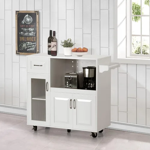 Miniatura 5 de Sophia & William Carrito de isla de cocina con ruedas con bandeja extensible, estante ajustable y puerta de cristal, isla de almacenamiento móvil