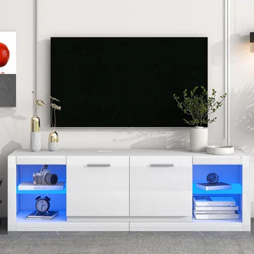 Miniatura 13 de Soporte de TV versátil de alto brillo con luces LED que cambian de color y 2 estantes de vidrio templado, centro de entretenimiento para televisores
