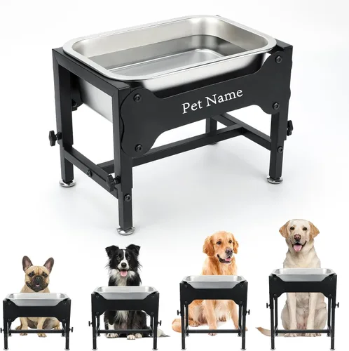 Cuenco elevado de agua para perros de 1.25 galones, 4 cuencos elevados de acero inoxidable ajustables de altura con soporte, cuenco de agua para