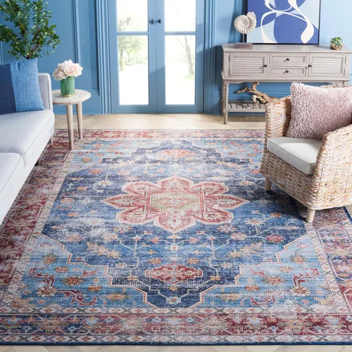 Miniatura 11 de SAFAVIEH Alfombra lavable Tucson Collection - 2 pies 6 pulgadas x 4 pies, azul y resistente al óxido, antideslizante, ideal para zonas de alto