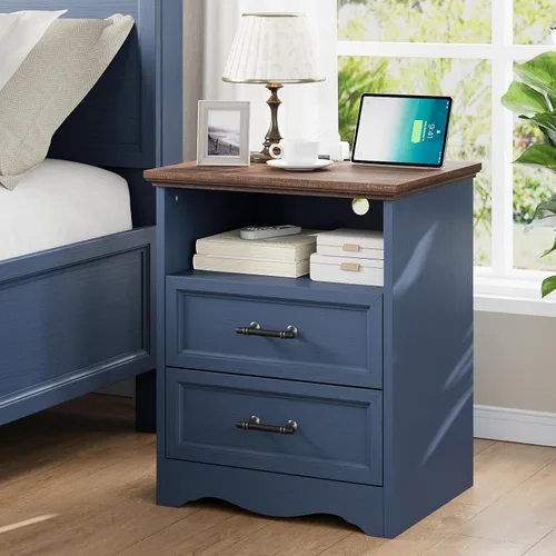 Miniatura 17 de Mesita de noche con estación de carga, Mesa auxiliar estilo granja de 19.7" con almacenamiento de 3 cajones, Mesa lateral de cama de madera