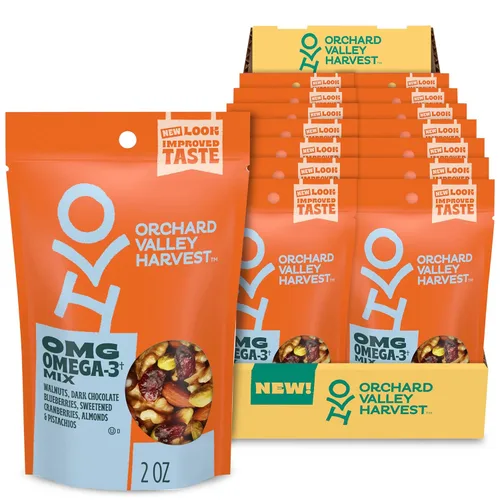 Orchard Valley Harvest - Mezcla OMG Omega-3, paquete de 14 (2 onzas), nueces, chocolate azul oscuro, arándanos, arándanos endulzados, almendras y