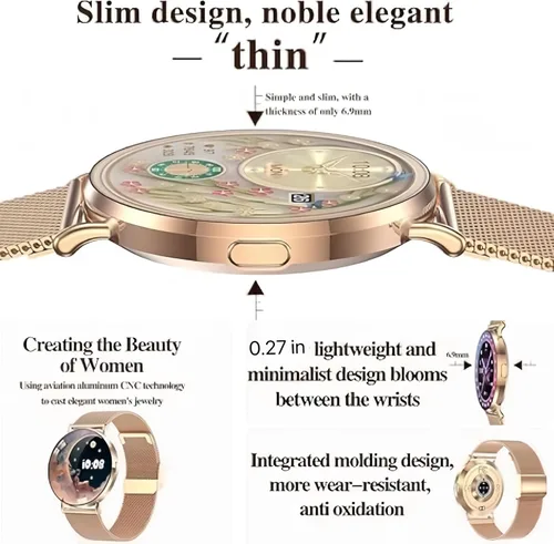 Miniatura 4 de Reloj inteligente para mujer, pantalla AMOLED de 1.32 pulgadas, frecuencia cardíaca, SpO2, monitor de sueño, calorías, clima, más de 100 modos