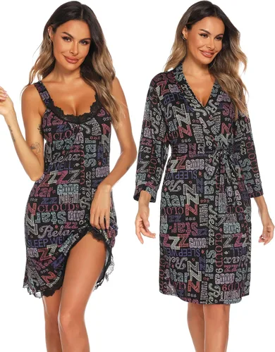 Miniatura 5 de ENJOYNIGHT Conjunto de bata sexy con cuello en V de 2 piezas para mujer, camisón de lencería con batas, conjunto de pijama de encaje