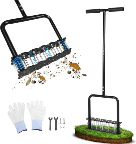 Aireador de césped con 14 picos de metal, aireador manual de patio con base de resorte y limpieza automática de hojas para aireación del suelo,