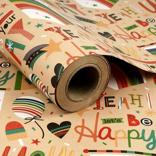 RUSPEPA - Rollo de papel de estraza para envolver regalos, diseño de cumpleaños; ideal para cumpleaños, fiesta, baby shower; 24 pulgadas x 100 pies