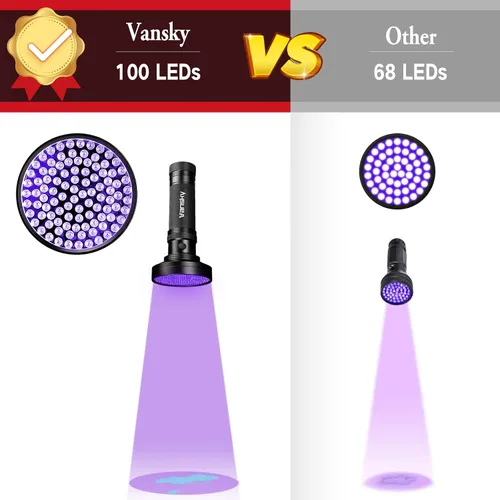 Miniatura 5 de Vansky Linternas UV con luz negra, ultra brillantes, 100 LED, 395 nm, ultravioleta, detector de luz negra para orina de perro, gato y mascotas