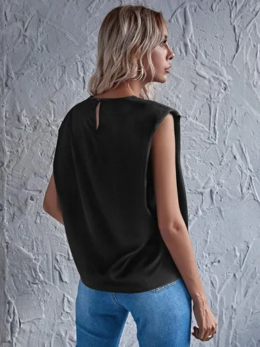 Miniatura 2 de Verdusa Camisetas de satén para mujer, estilo casual, sin mangas, con almohadilla de hombro