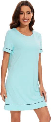 Miniatura 4 de WiWi Camisones de viscosa de bambú para mujer, camisa de dormir de manga corta con cuello en V, camisón de talla grande S-4X