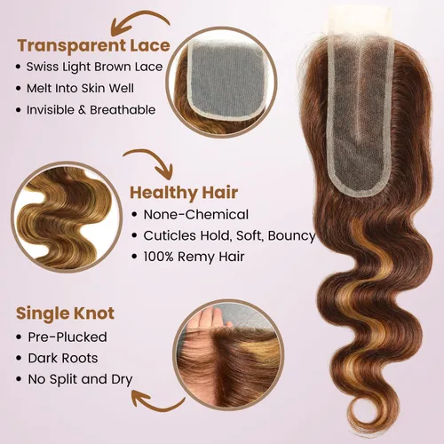Miniatura 4 de ALHER Long Deep Part 2x6 Closure Body Wave Honey Blonde Highlight, Ombre Brown and Blond 2x6 Kim K Transparent HD Lace Closure Pre Plucked With Baby