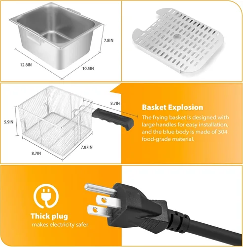Miniatura 4 de WaterElfo Freidora Profunda con Canasta 9L/9.5QT Uso Doméstico Freidora Profunda Pequeña 1800W Freidoras Comerciales para Cocinas y Comedores
