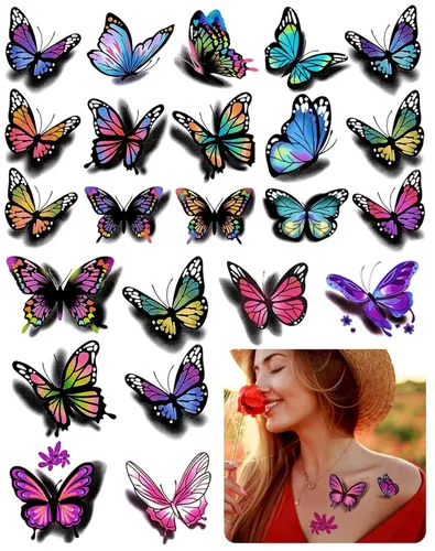 Calcomanías temporales 3D de mariposas y flores, tatuajes coloridos para mujeres, 126 unidades, 30 hojas